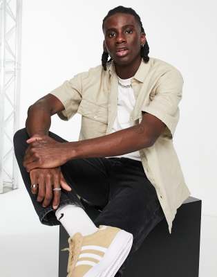 Topman short sleeve linen shirt in stone - ASOS Price Checker