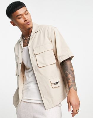 Topman short sleeve overshirt with patch pockets in stone