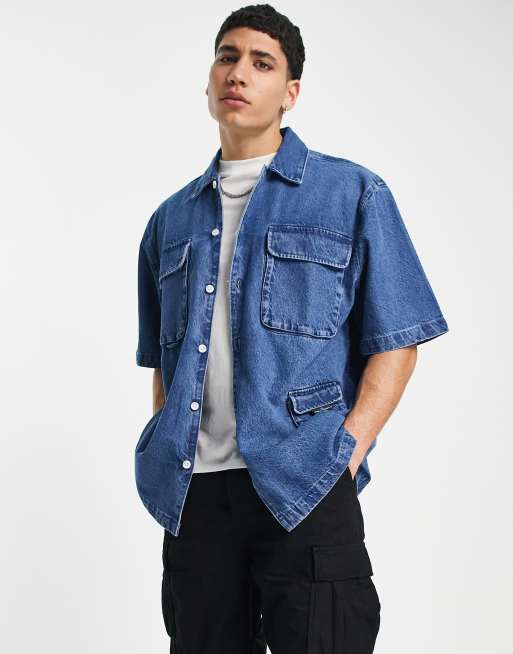 Topman short sleeve overshirt with pocket detailing in mid wash denim
