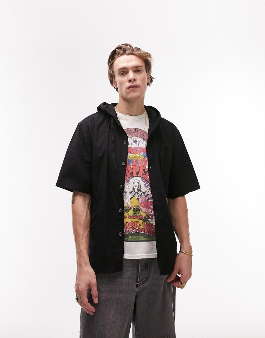 Topman short sleeve oversized shirt with hood in black