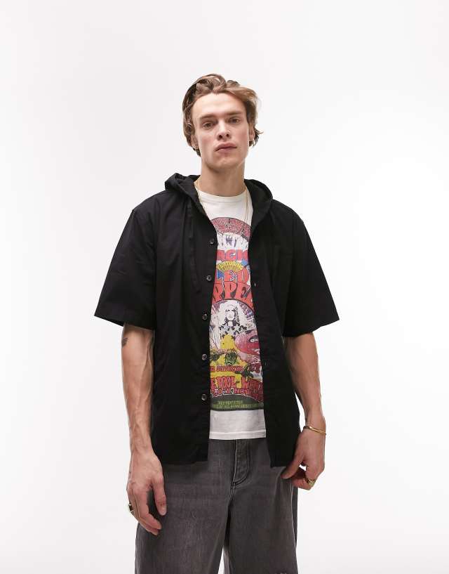 Topman short sleeve oversized shirt with hood in black