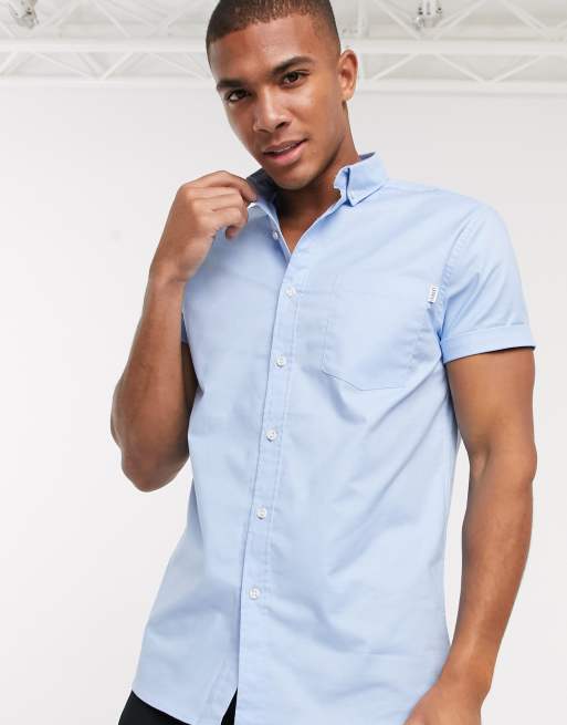 TOPMAN Slim Fit Contrast Cuff Short Sleeve Button-up Shirt in Blue