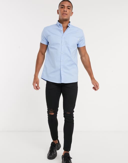 TOPMAN Slim Fit Contrast Cuff Short Sleeve Button-up Shirt in Blue