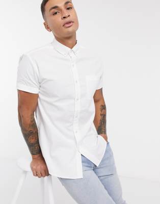 Topman Short Sleeve Oxford Shirt In White