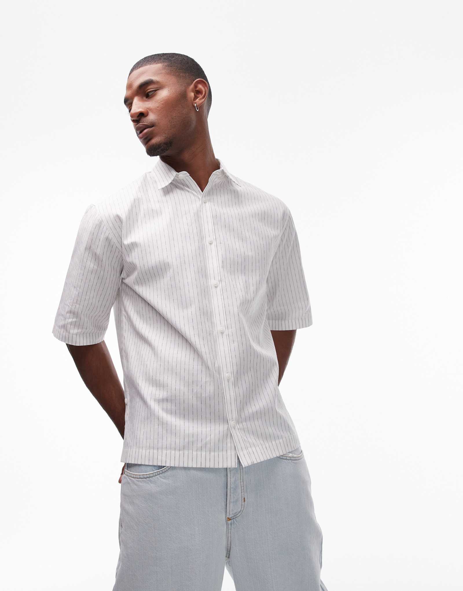 Белая хлопковая рубашка Topman с короткими рукавами в полоску