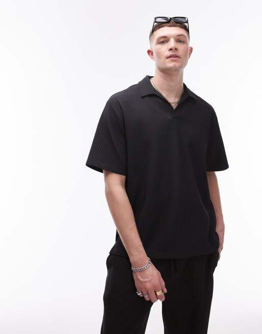 Topman short sleeve plisse polo shirt in black