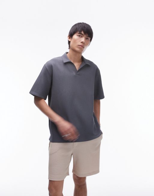 Topman short sleeve plisse polo shirt in charcoal
