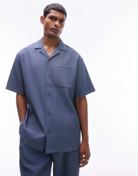 Topman short sleeve plisse shirt in mid blue (part of a set) - view 1