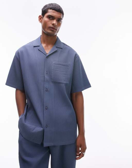 Topman short sleeve plisse shirt in mid blue (part of a set)