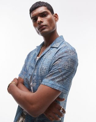 Topman Short Sleeve Printed Crochet Shirt In Blue