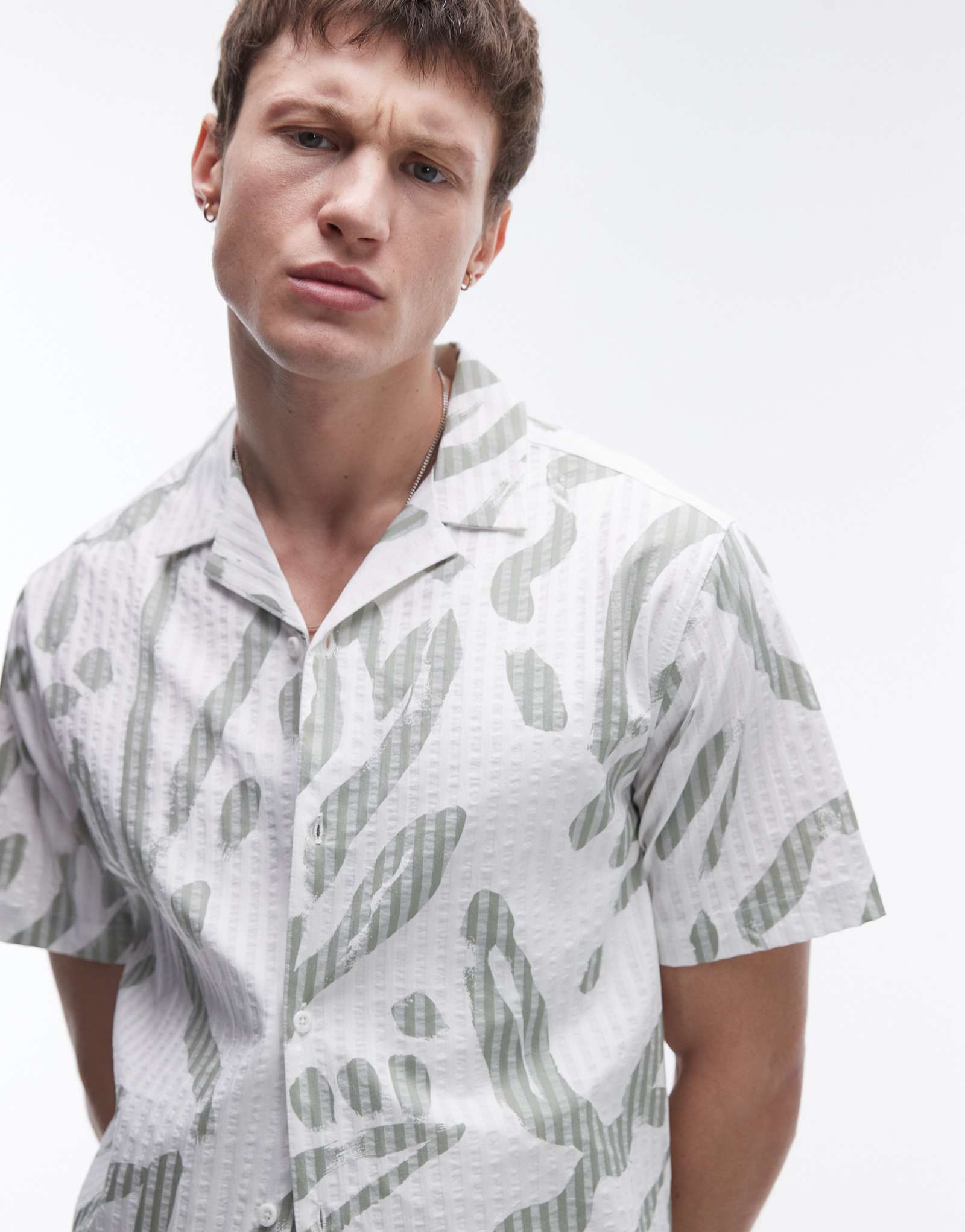 Зеленая рубашка Topman с коротким рукавом и принтом seersucker