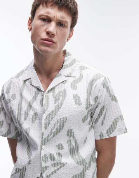 Topman short sleeve printed seersucker shirt in green