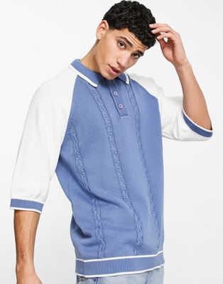 Topman Short Sleeve Raglan Cable Knit Polo In Blue