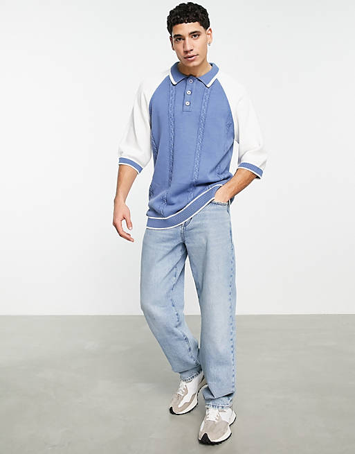 Polo shirts Topman short sleeve raglan cable knit polo in blue 