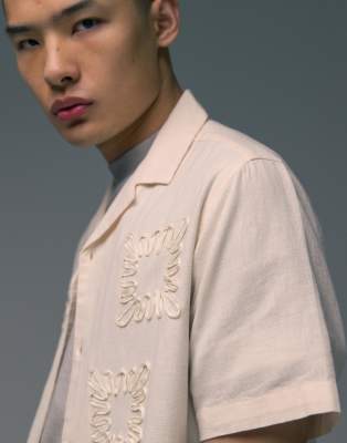 Topman Short Sleeve Regular Fit Revere Laid On Embroidered Linen Mix Shirt In Off White - Part Of A Set-neu In Neutral