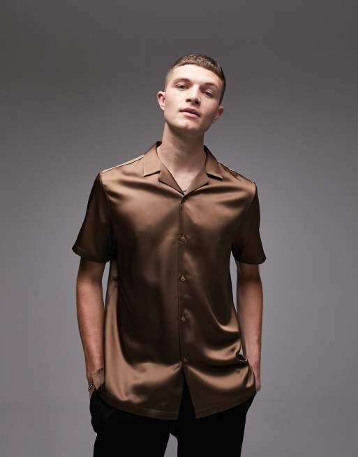 Topman short sleeve regular fit revere plain satin shirt in brown | ASOS