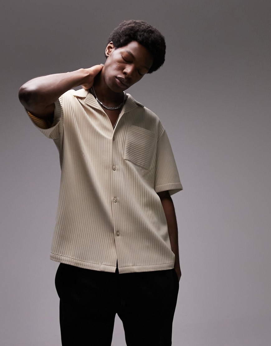 Topman short sleeve regular fit revere plisse shirt in stone-Neutral