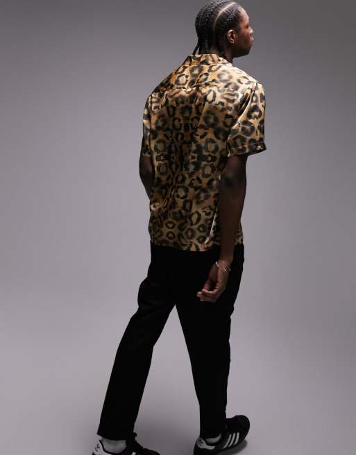 Topman short sleeve regular fit revere satin animal shirt in brown, 3 of 4