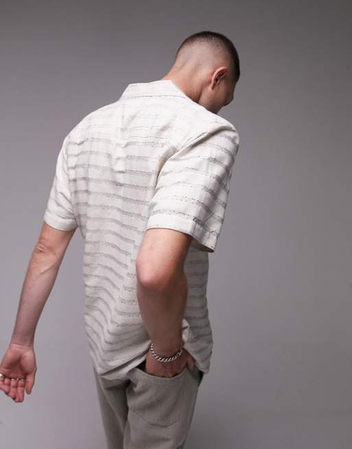 Topman short sleeve regular fit revere textured stripe shirt in stone, 2 of 4
