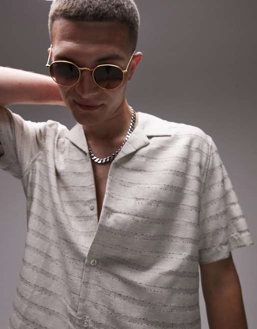 Topman short sleeve regular fit revere textured stripe shirt in stone, 3 of 4