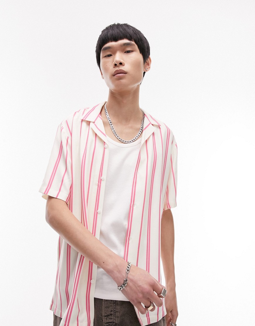 Topman short sleeve regular fit striped revere shirt in pink