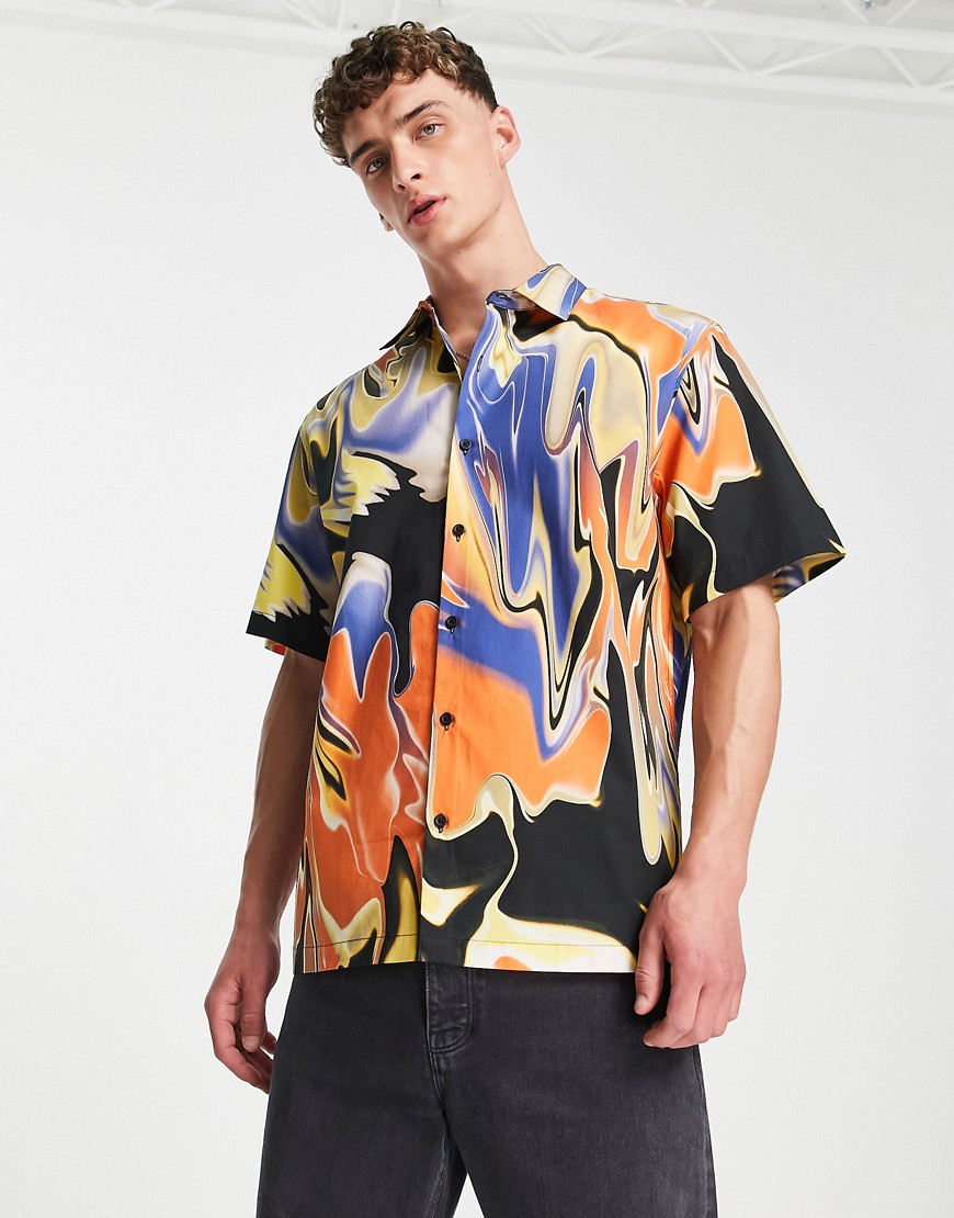 Topman short sleeve regular marble print shirt in orange-Multi