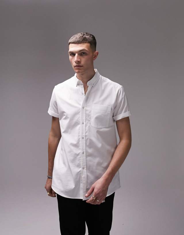 Topman short sleeve regular oxford shirt in white