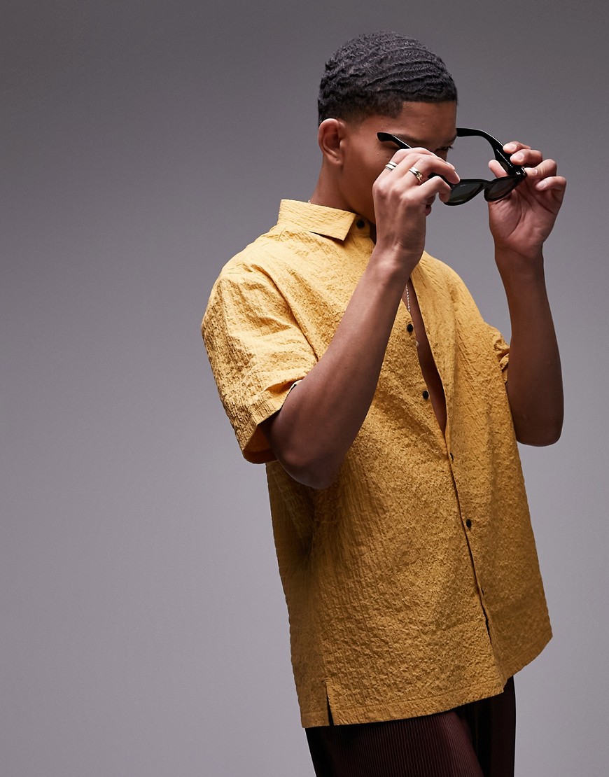 Topman short sleeve regular plain textured shirt in mustard-Yellow
