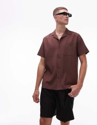 Topman short sleeve regular plisse shirt in mauve-Brown