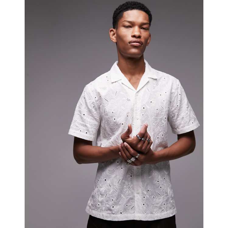 Topman short sleeve regular revere embroidered shirt in white