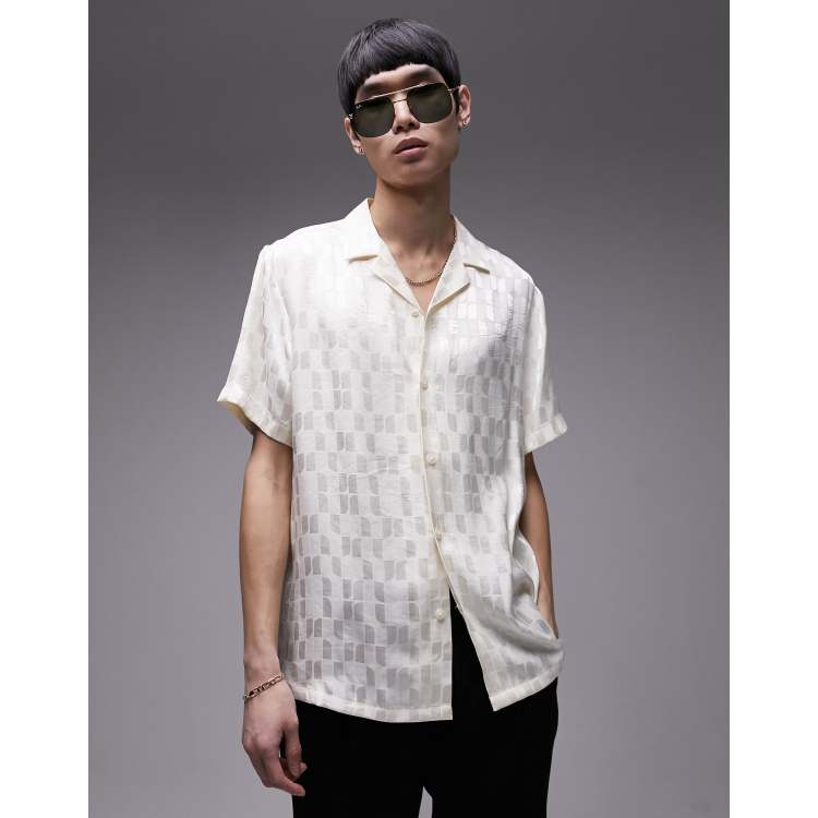 Topman short sleeve regular revere grid jacquard shirt in white