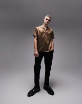 ASOS DESIGN short sleeve relaxed satin revere collar shirt in rust