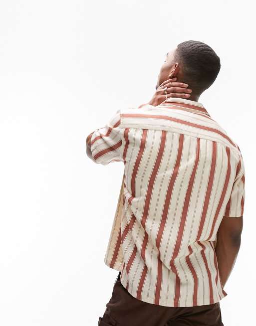 Topman short sleeve regular revere striped shirt in cream and orange, 3 of 4