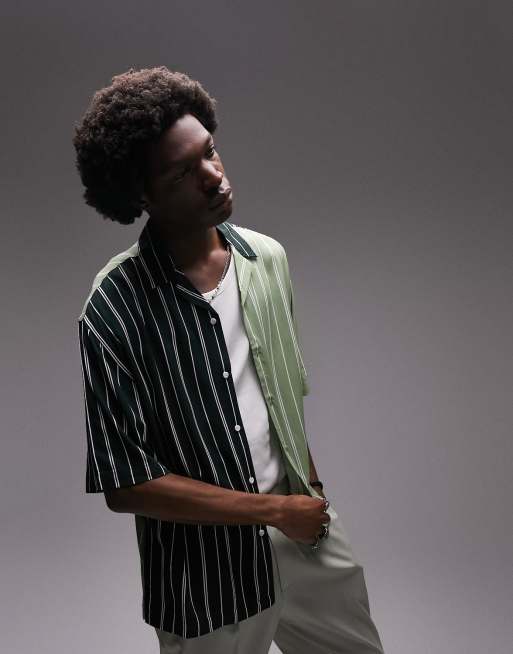 Topman short sleeve regular splice stripe revere shirt in green and sage