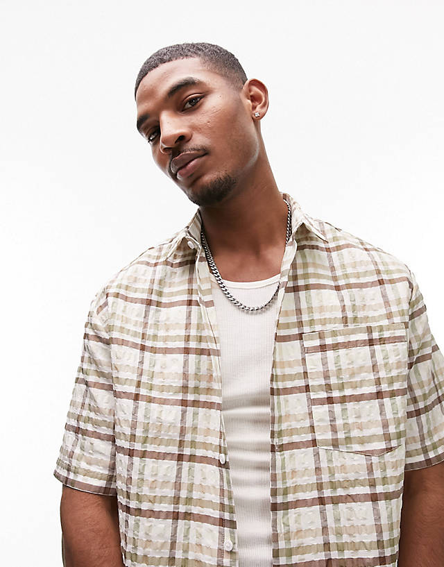 Topman - short sleeve relaxed check shirt in green and brown