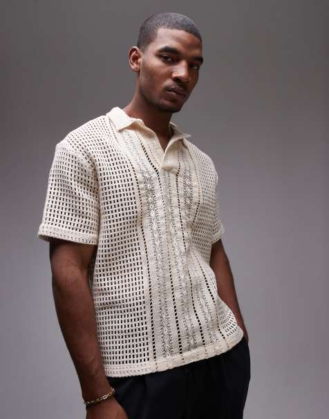 Topman short sleeve relaxed crochet polo shirt in cream - view 1