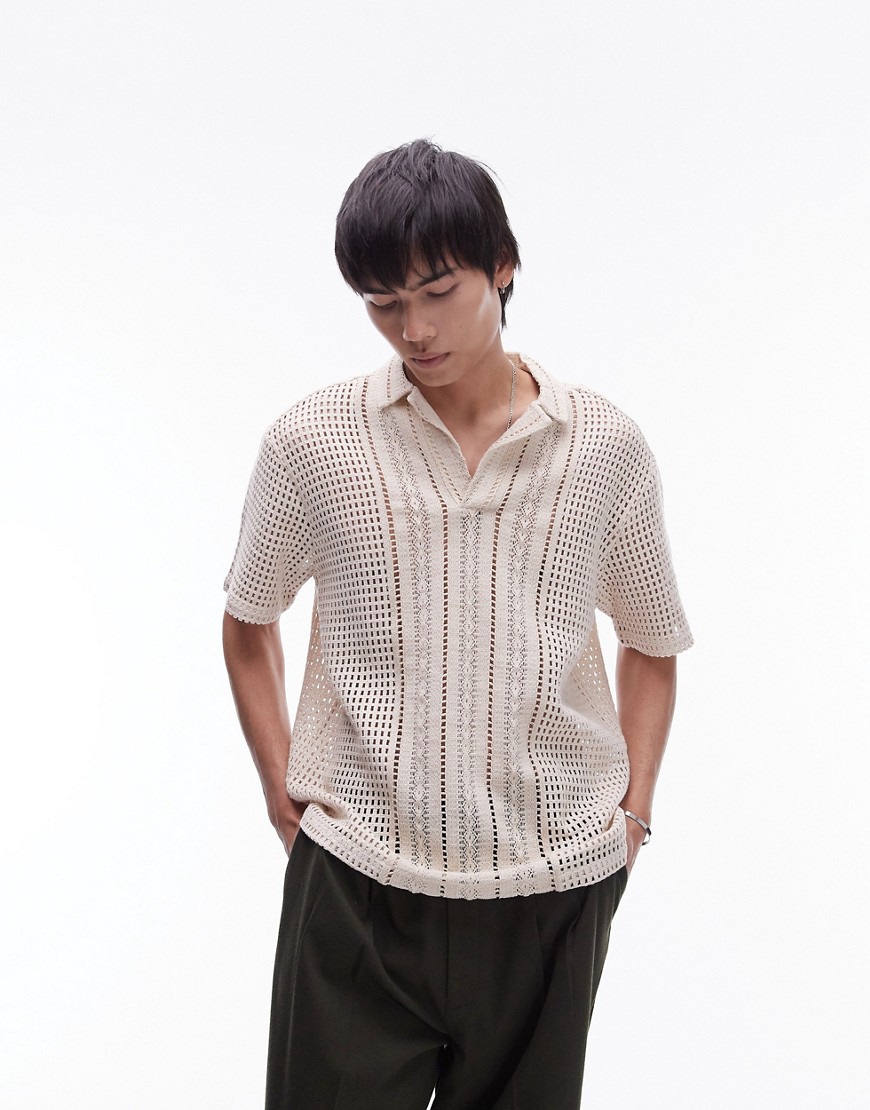 Topman short sleeve relaxed crochet polo shirt in cream-Neutral