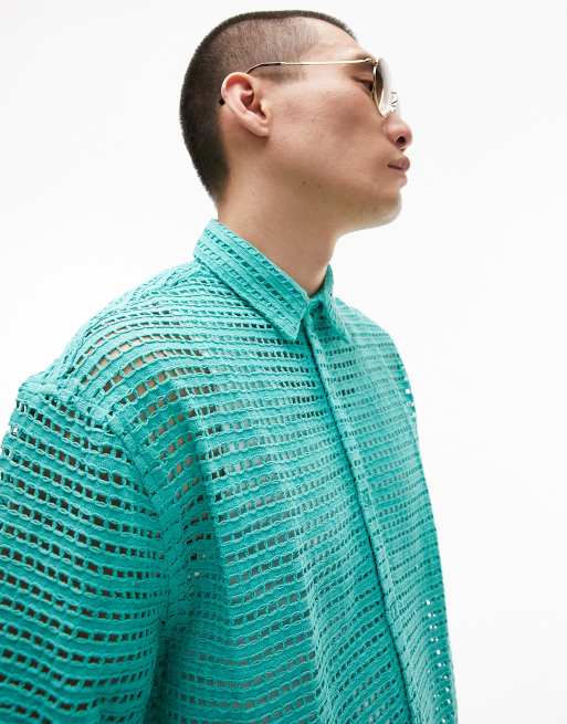 Topman short sleeve relaxed crochet shirt in teal ASOS