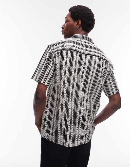 Topman short sleeve relaxed crochet stripe shirt in black and white, 3 of 4