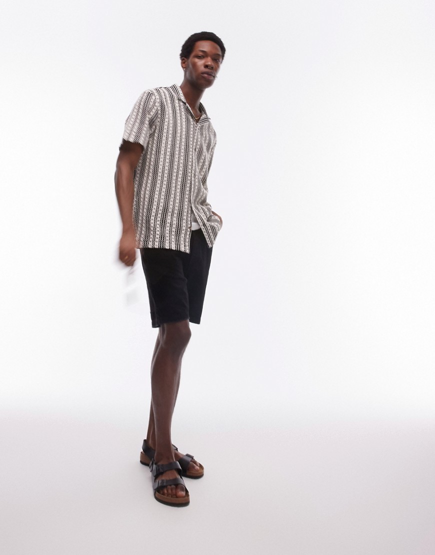 Topman Short Sleeve Relaxed Crochet Striped Shirt In Black And White