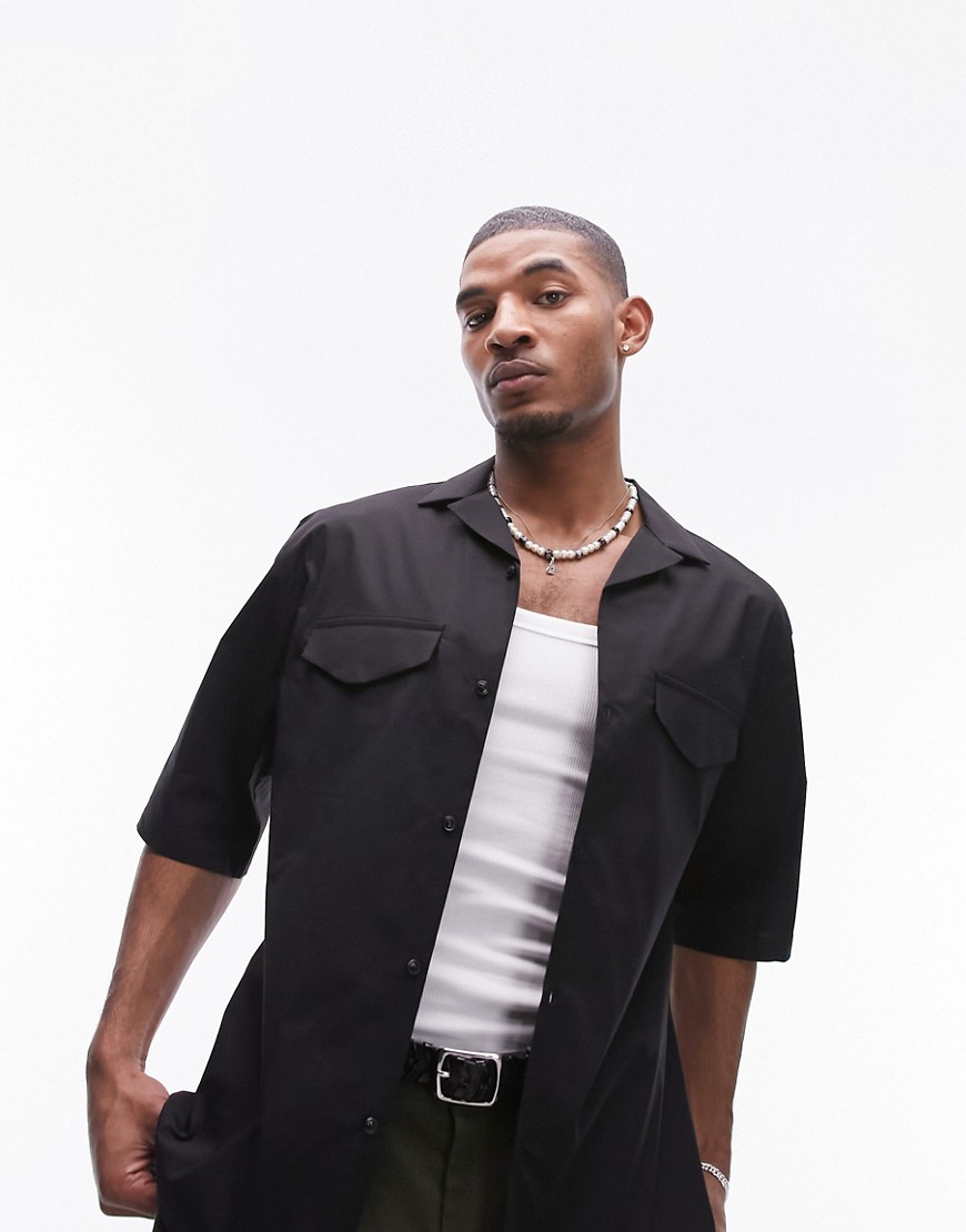 Topman short sleeve relaxed double pocket shirt in black