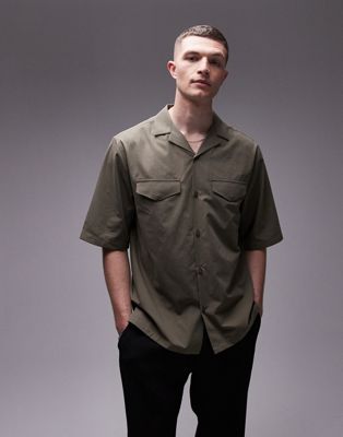 Topman short sleeve relaxed double pocket shirt in khaki
