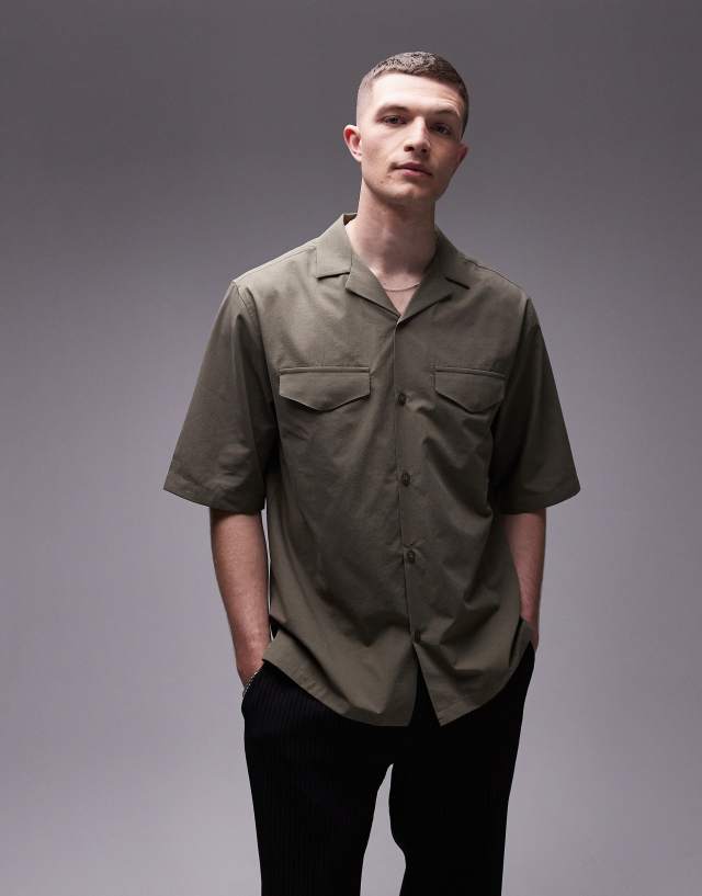 Topman - short sleeve relaxed double pocket shirt in khaki