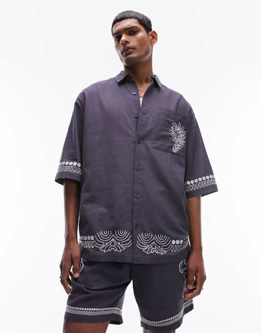Topman short sleeve relaxed embroidered back shirt in blue (part of a set), 2 of 4