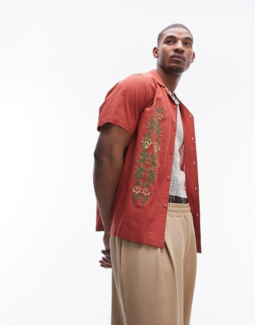 Topman Short Sleeve Relaxed Embroidered Floral Shirt In Rust In Red