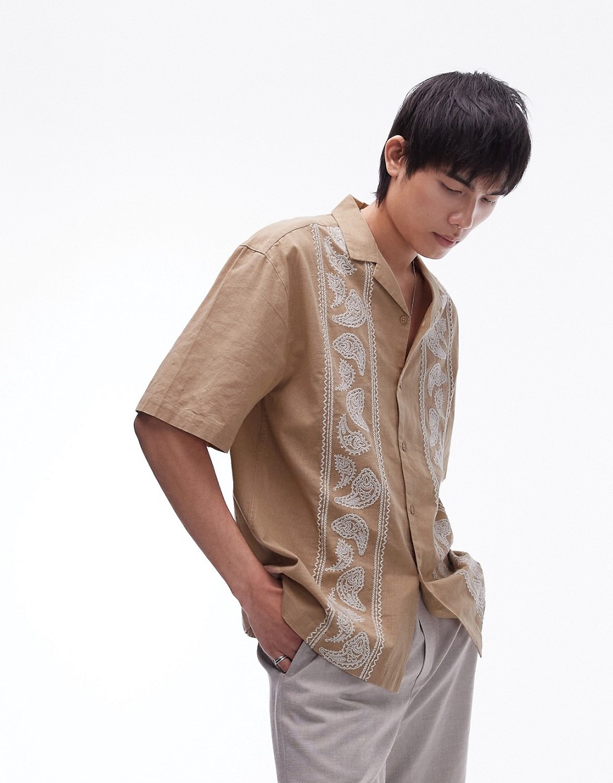 Topman short sleeve relaxed embroidered paisley shirt in stone-Neutral