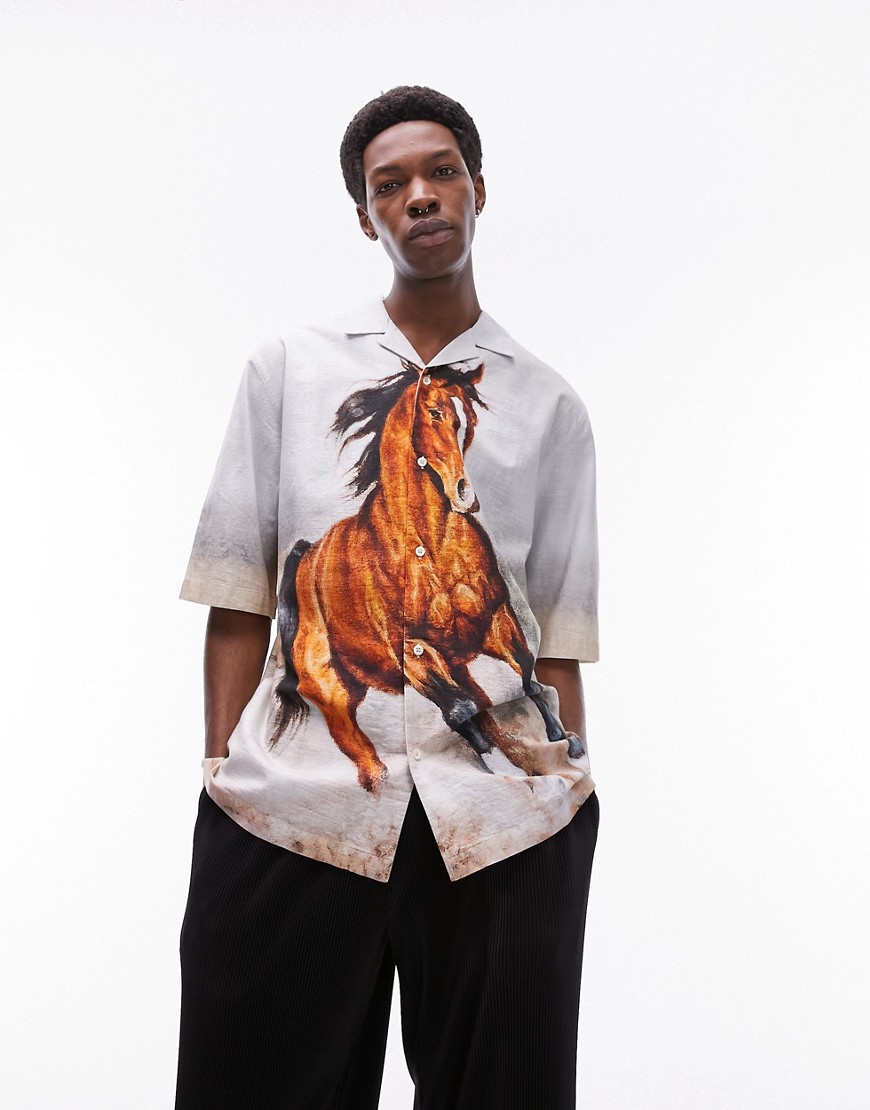 Topman Short Sleeve Relaxed Fit Camp Collar Horse Print Shirt In Multi
