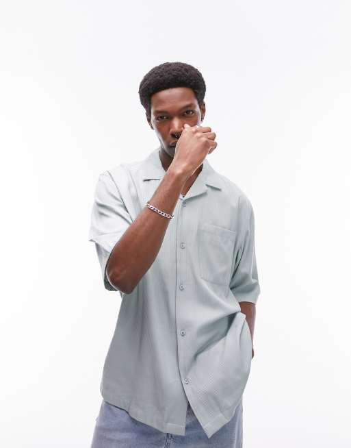 Topman short sleeve relaxed fit camp collar textured shirt in sage