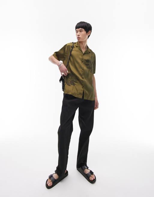 Topman short sleeve relaxed fit embroidered satin revere shirt in khaki, 2 of 4