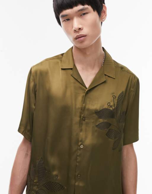 Topman short sleeve relaxed fit embroidered satin revere shirt in khaki, 4 of 4